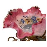 C1 - Antique Victorian Brides Basket - Hand Painted Pink Glass Bowl