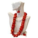 Red Coral Bead Necklace with Matching Earrings - Hammered Silver Toggle Clasp