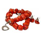Red Coral Bead Necklace with Matching Earrings - Hammered Silver Toggle Clasp