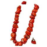 Red Coral Bead Necklace with Matching Earrings - Hammered Silver Toggle Clasp