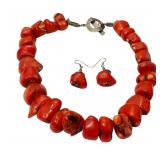 Red Coral Bead Necklace with Matching Earrings - Hammered Silver Toggle Clasp