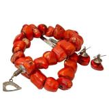Red Coral Bead Necklace with Matching Earrings - Hammered Silver Toggle Clasp