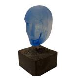 DR - Kosta Boda Bertil Vallien Blue Sand-Cast Glass Head on Granite Base 9 in Tall