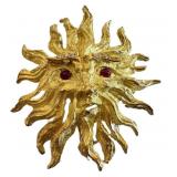 Vintage 18K Gold Sun Face Brooch - 2 in Diameter