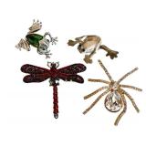 Dragonfly, Green Leaf Frog, Beige Frog & Crystal Spider Brooch Set