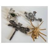 Dragonfly, Green Leaf Frog, Beige Frog & Crystal Spider Brooch Set
