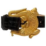 Kieselstein-Cord Style Alligator Belt Buckle on Black Embossed Leather Belt - Small