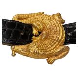 Kieselstein-Cord Style Alligator Belt Buckle on Black Embossed Leather Belt - Small