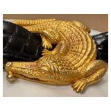 Kieselstein-Cord Style Alligator Belt Buckle on Black Embossed Leather Belt - Small