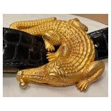 Kieselstein-Cord Style Alligator Belt Buckle on Black Embossed Leather Belt - Small