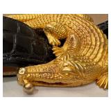 Kieselstein-Cord Style Alligator Belt Buckle on Black Embossed Leather Belt - Small