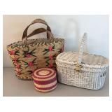 BR2 - Two Woven Handbags & Basket Set - Floral Tote & White Wicker Basket Style