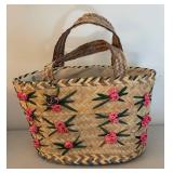 BR2 - Two Woven Handbags & Basket Set - Floral Tote & White Wicker Basket Style