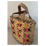 BR2 - Two Woven Handbags & Basket Set - Floral Tote & White Wicker Basket Style
