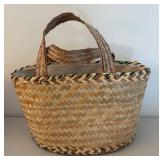 BR2 - Two Woven Handbags & Basket Set - Floral Tote & White Wicker Basket Style