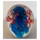BR2 - Art Glass Paperweight - Blue Center with Red Floral Inclusions