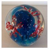 BR2 - Art Glass Paperweight - Blue Center with Red Floral Inclusions