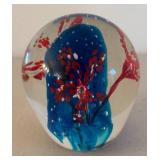 BR2 - Art Glass Paperweight - Blue Center with Red Floral Inclusions
