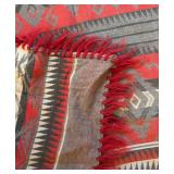BR2 - Vintage Moroccan Kilim-Style Blanket - Red Grey Geometric Pattern