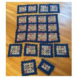 BR1 - Yo-Yo Quilted Table Decor - Blue Border with Floral Yo-Yo Discs