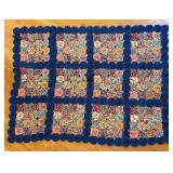 BR1 - Yo-Yo Quilted Table Decor - Blue Border with Floral Yo-Yo Discs