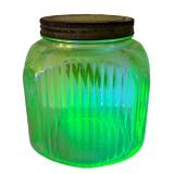 UL - Vintage Uranium Glass Jar - Ribbed Green with Metal Lid