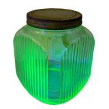 UL - Vintage Uranium Glass Jar - Ribbed Green with Metal Lid