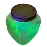 UL - Vintage Uranium Glass Jar - Ribbed Green with Metal Lid