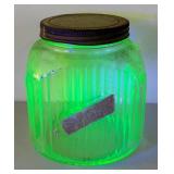 UL - Vintage Uranium Glass Jar - Ribbed Green with Metal Lid