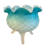 BR2 - Antique Victorian Blue Satin Diamond-Quilt Footed Vase