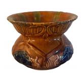 UL - Majolica Jardiniere Planter - Vintage Brown Glaze with Blue Shell Motifs