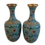 UL - Two Vintage Cloisonné Vases - Turquoise Floral Pattern with Gold Trim