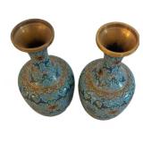 UL - Two Vintage Cloisonné Vases - Turquoise Floral Pattern with Gold Trim