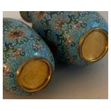 UL - Two Vintage Cloisonné Vases - Turquoise Floral Pattern with Gold Trim