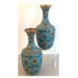 UL - Two Vintage Cloisonné Vases - Turquoise Floral Pattern with Gold Trim
