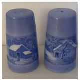 UL - Currier & Ives Blue Transferware Creamer Pitcher with Salt & Pepper Shakers