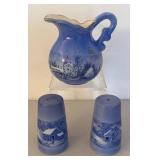 UL - Currier & Ives Blue Transferware Creamer Pitcher with Salt & Pepper Shakers