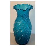 UL - Vintage Blue Ruffled Glass Vase