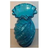 UL - Vintage Blue Ruffled Glass Vase