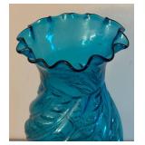 UL - Vintage Blue Ruffled Glass Vase