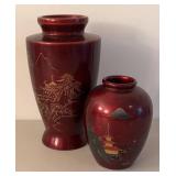 UL - Two Red Lacquerware Vases with Gold Landscape Motifs
