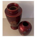 UL - Two Red Lacquerware Vases with Gold Landscape Motifs