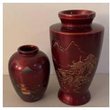 UL - Two Red Lacquerware Vases with Gold Landscape Motifs