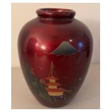 UL - Two Red Lacquerware Vases with Gold Landscape Motifs