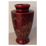 UL - Two Red Lacquerware Vases with Gold Landscape Motifs