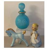 UL - Vintage Avon Bristol Blue Dobber Bottle with Horse and Little Girl Figurine