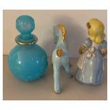 UL - Vintage Avon Bristol Blue Dobber Bottle with Horse and Little Girl Figurine