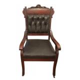 BR2 - Antique Victorian Empire Carved Wood Armchair with Tufted Leather Back & Seat