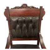 BR2 - Antique Victorian Empire Carved Wood Armchair with Tufted Leather Back & Seat