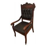 BR2 - Antique Victorian Empire Carved Wood Armchair with Tufted Leather Back & Seat